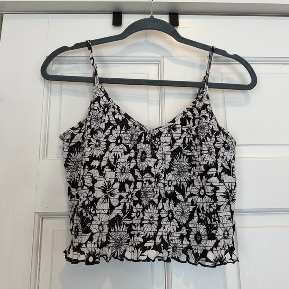 American Age Tops - American Age Black and White Floral Smocked Tank Top